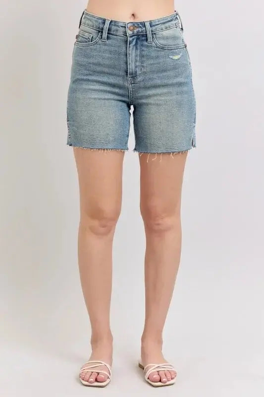 Judy Blue High Waist Vintage Wash Side Slit Denim Shorts - Love Salve